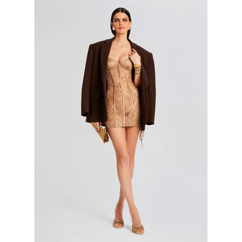 Retrofête Matilda Strapless Lace Corset Mini Dress Tannin Size L - Picture 5 of 10